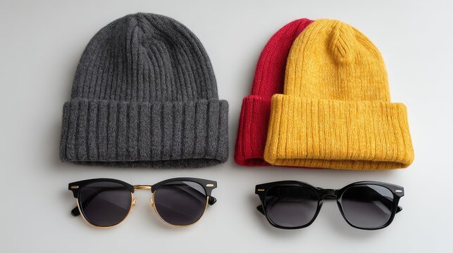 Stylish Winter Accessories Featuring Gray, Red, and Yellow Knitted Beanies Alongside Trendy Sunglasses on Soft Gray Background for Fashion and Lifestyle Photography