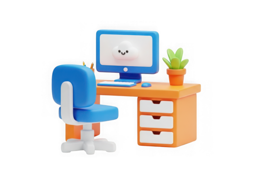 3d icon of cute cartoon desk with computer and chair isolated on transparent background