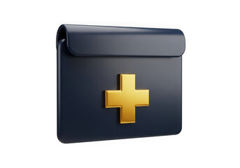 Obraz premium 3d icon of dark blue first aid kit with golden cross isolated on transparent background