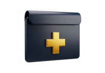 3d icon of dark blue first aid kit with golden cross isolated on transparent background