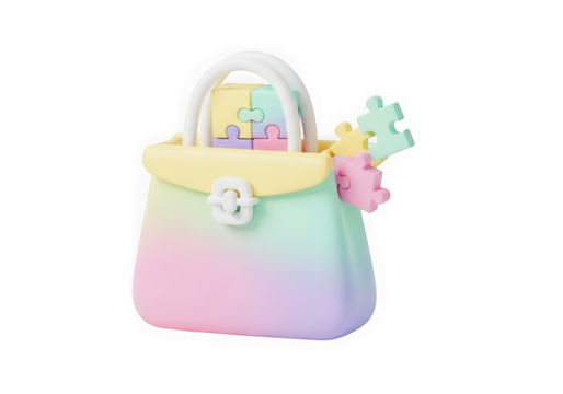 3d icon of pastel gradient handbag with puzzle pieces isolated on transparent background