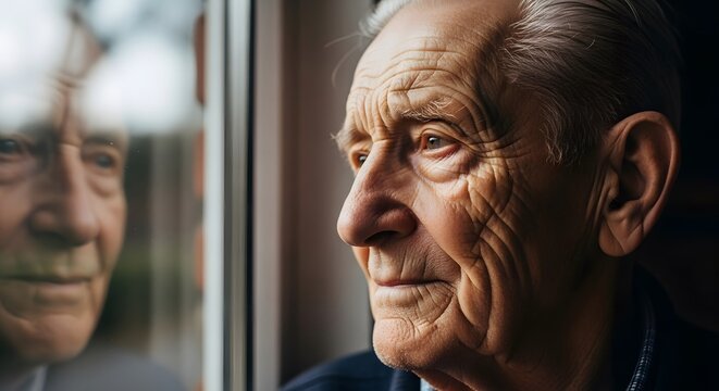 Elderly Man Gazing Thoughtfully Out a Window Reflecting on Life and Memories