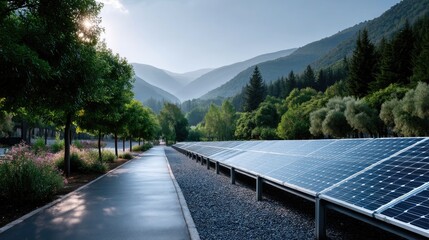 Scenic View of Solar Panels on Hillside with Lush Greenery and Mountain Backdrop Under Clear Sky