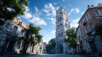 Scenic View of Stone Cathedral Bell Tower Under Blue Sky with Fluffy Clouds Amidst Old Town Architecture in Daytime