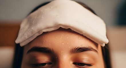 Close up of a woman's forehead with a cool compress on it to soothe a headache