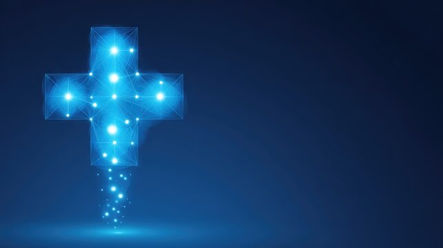 Abstract digital illustration of a glowing blue plus sign with luminous dots and lines representing the concept of health, medicine, and technology in a modern design.