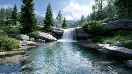 Scenic Waterfall Flowing Through Forest Landscape Under Bright Sky in Sunlight with Clear Water Surrounded by Green Trees and Rocks