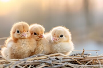 Three fluffy chicks huddling together in nest