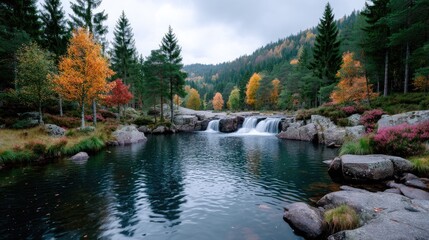 Scenic Waterfall in Autumn Forest with Yellow and Red Trees Reflected in Water Cinematic HDR Landscape