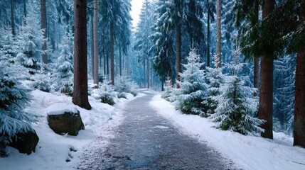 Scenic Winter Forest Path Covered with Snow and Surrounded by Tall Trees with HDR Cinematic Lighting in a Cold Tranquil Atmosphere