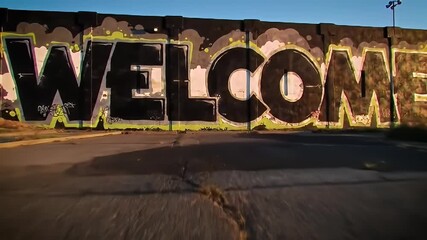 Graffiti mural with the word WELCOME painted on a long concrete wall, street view - Powered by Adobe