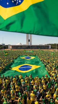 Brazilian Flag and People Gathering
