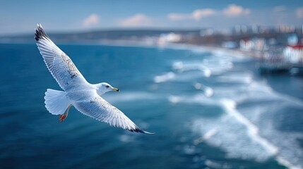 Seagull Flying Over Blue Sea Water With Distant City View Under Clear Sky on Sunny Day