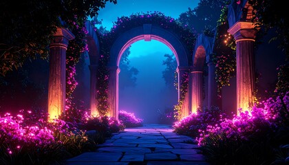 Mystical Garden Path Illuminated with Glowing Flowers and Arches