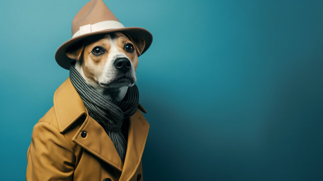 Cachorro vestido de detetive com chap&eacute;u e casaco