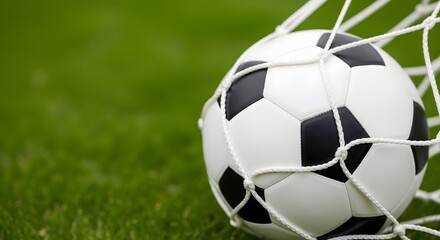 Fototapeta premium Soccer ball securely resting in the white net, symbolizing a successful goal on a vibrant green field