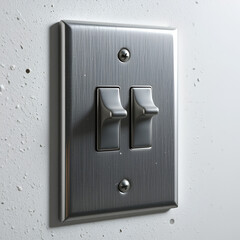 A close up of a silver light switch with two toggles against a white background in studio lighting