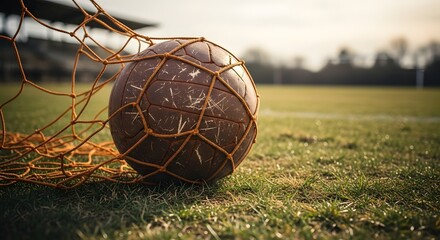 Close-up of a vintage soccer ball caught in a net on a grassy field at sunset