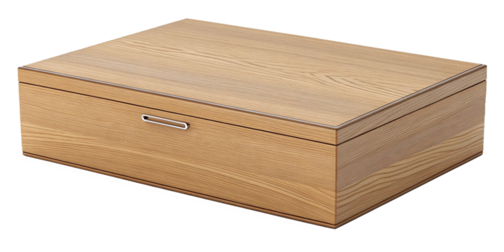 Modern Light Oak Wooden Storage Box with Metal Trim - Photorealistic 3/4 View
Rectangular Wood Storage Box, Beveled Lid, Brushed Metal Pull, Catalog Style