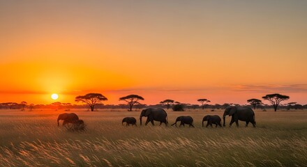 Herd of elephants walking in savanna during golden sunset peaceful wildlife migration concept