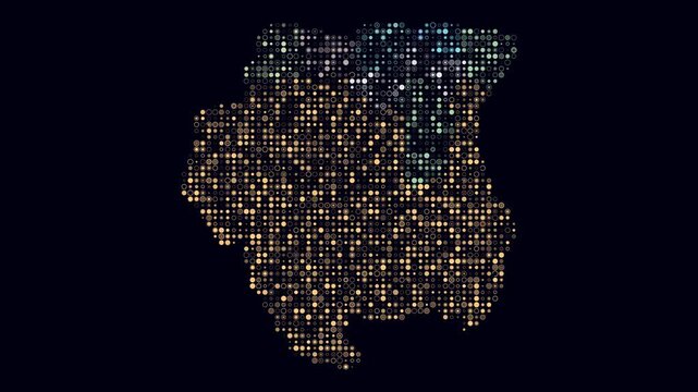 Suriname animated country shape. Pulsating colored dots on the map of the country. Small size circle blocks. Digital style Suriname map on dark background. Trending animation video.