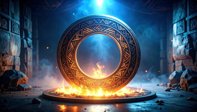 Mystical Ring Surrounded by Fire in a Stone Chamber - Powered by Adobe