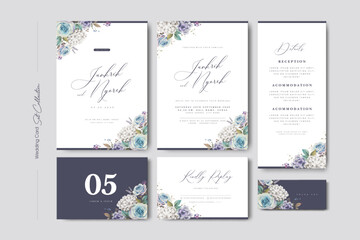wedding invitation card set with roses and hydrangea flower template © Normalita