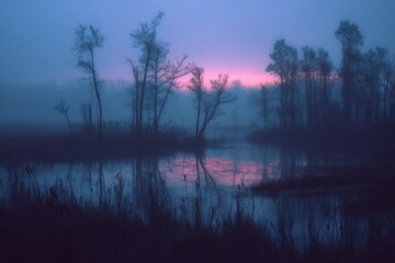 Fototapeta premium Misty Dawn Over a Tranquil Marsh, Silhouetted Trees Reflecting.
