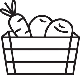 Simple outline drawing of fresh carrots and potatoes in a wooden crate
