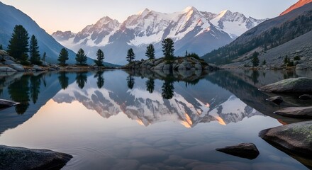 Peaceful mountain lake mirroring majestic peaks under a soft, golden sky at sunrise