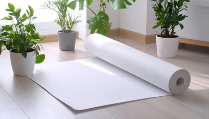 White roll of material on light-wood floor, plants