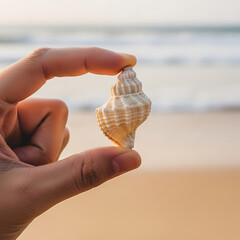 Hand holding a single seashell against blurred beach background — minimalist travel detail