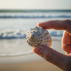 Hand holding a single seashell against blurred beach background — minimalist travel detail