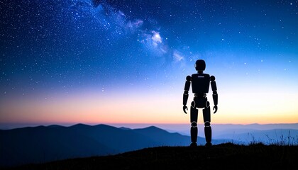 Fototapeta premium Futuristic robot silhouette under stunning vibrant milky way sky at twilight inspires innovation and technology solutions