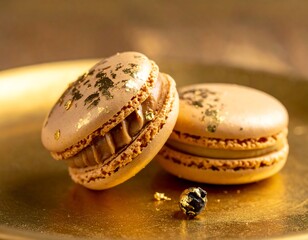 Two golden macarons on a gold plate