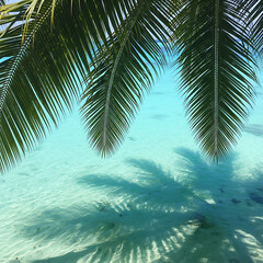 Square crop of palm fronds swaying over turquoise water, no people or structures visible