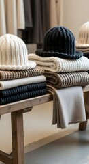 Minimal fashion display: stacked hats and scarves on bench, textured fabrics, cosy neutral tones.