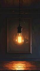 a light bulb hanging from the black ceiling.