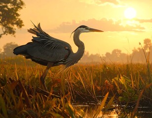 Majestic heron at dawn in a golden marsh