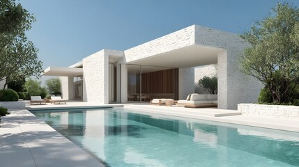 Modern Small House with Pool Minimalist Pumice Desert Modern UK Style Sunny Weather Vibrant Views Crisp Details Radiant Lighting Elegant Design Luxurious Ambiance (AI-Generated)
