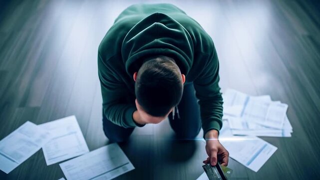 Young man in a green hoodie kneeling on the floor, distressed with bills scattered around, holding a credit card