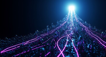 Abstract digital landscape with glowing purple and blue data streams converging towards a bright light source.