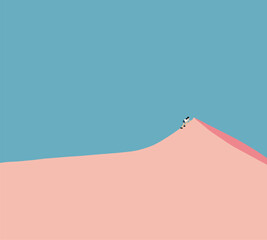 Woman climbing on pink sand dune. Dessert mountain. Enjoying the warm summer day. Minimal art design.
