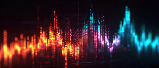 Vibrant neon finance chart glow, futuristic data visualization, dynamic stock market graph, abstract analytics wave surges, energetic pulse