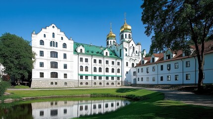 Historic Architecture of a Monastery with Golden Domes and Reflection