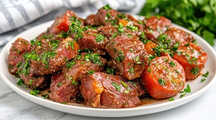 Fototapeta premium Tender Beef Stew with Fresh Herbs and Juicy Tomatoes Garnish