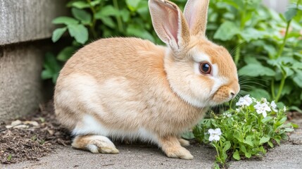 Fototapeta premium Cute fluffy rabbit sitting near small white flowers in garden