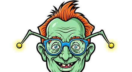 Cartoon Alien with Glasses, Antennae, and Orange Hair