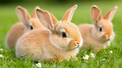 Obraz premium Three Cute Baby Rabbits Sitting on Green Grass in a Meadow