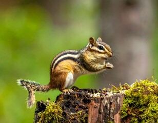 A small striped rodent sits on a mossy stump, eating seeds, against a blurred green background